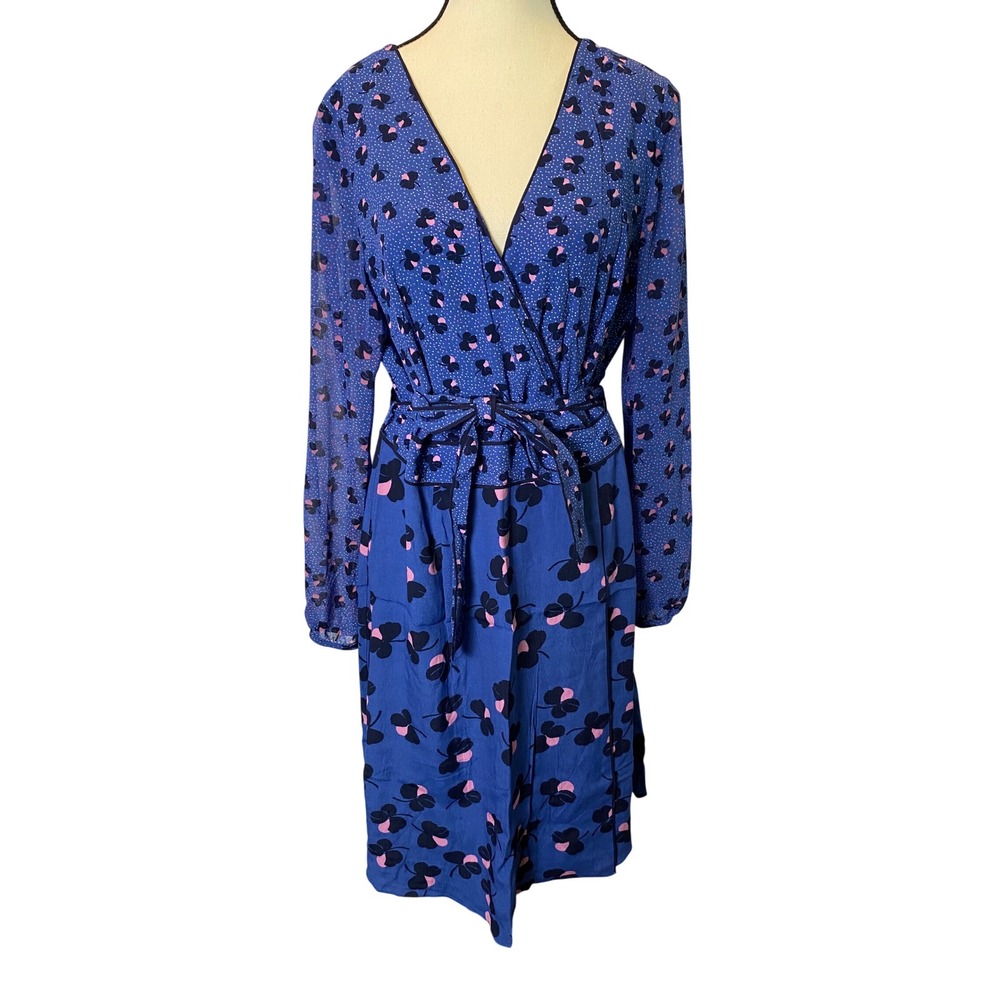 Boden Faux Wrap Dress Womens 10 Clover Polka Dot Long Sleeve Mod Retro Office